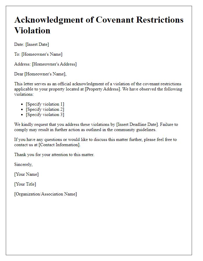 Letter template of Acknowledgment of Covenant Restrictions Violation