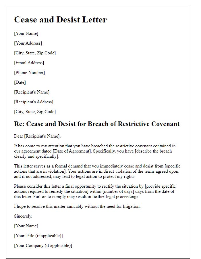 Letter template of Cease and Desist for Restrictive Covenant Breach