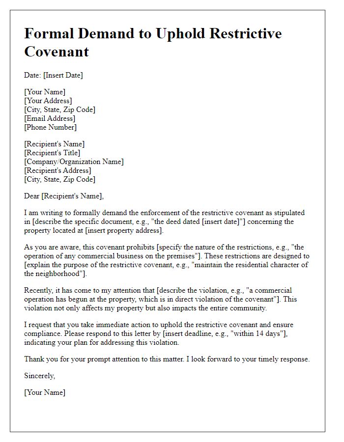 Letter template of Formal Demand to Uphold Restrictive Covenant