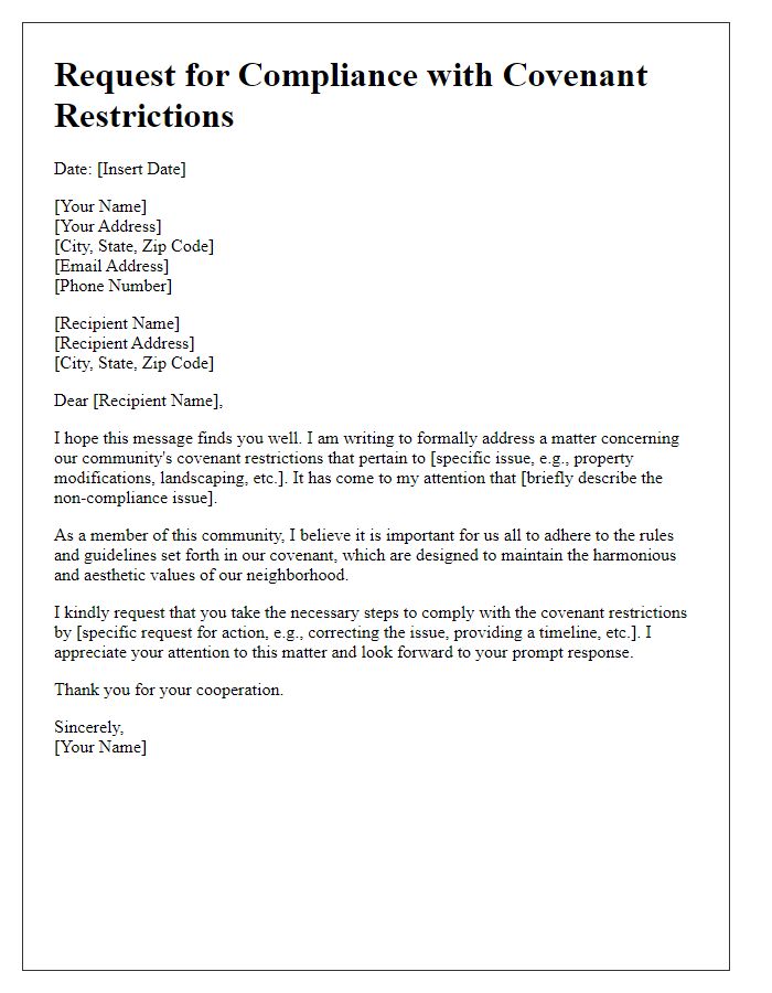 Letter template of Request for Compliance with Covenant Restrictions