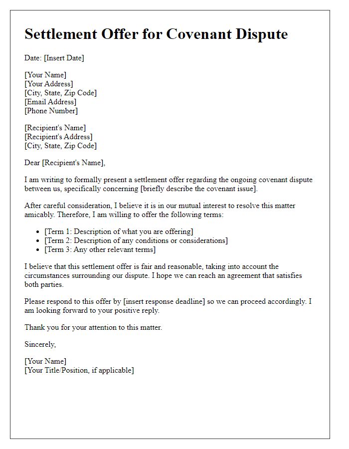 Letter template of Settlement Offer for Covenant Dispute