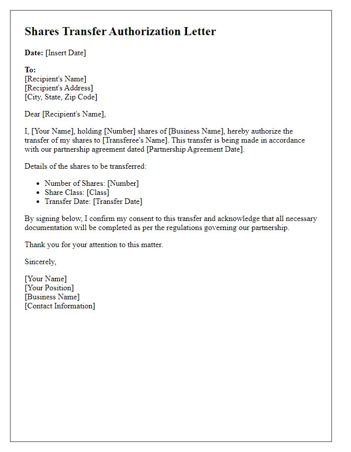 Letter template of shares transfer authorization for business partnerships