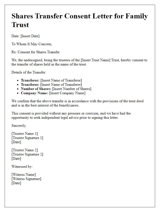 Letter template of shares transfer consent for family trusts