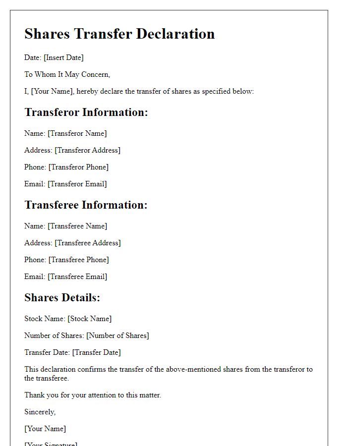 Letter template of shares transfer declaration for investment portfolios