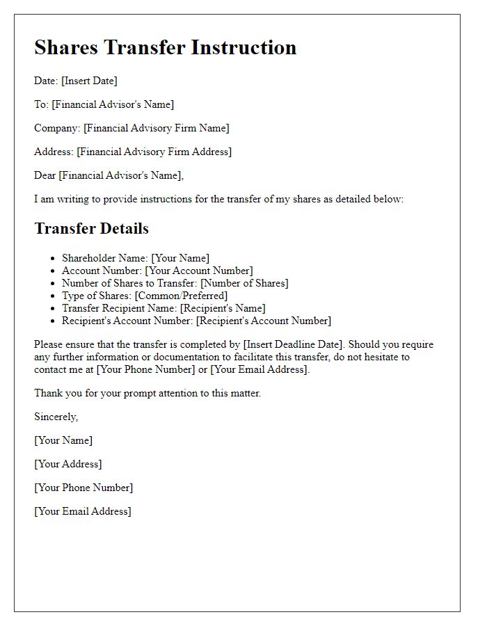 Letter template of shares transfer instruction for financial advisors