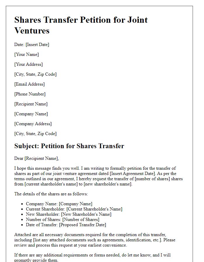 Letter template of shares transfer petition for joint ventures