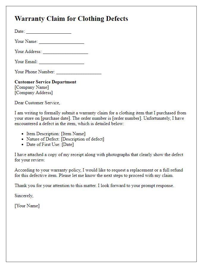 Letter template of warranty claim for clothing defects.