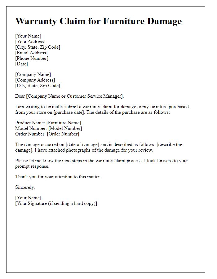 Letter template of warranty claim for furniture damage.