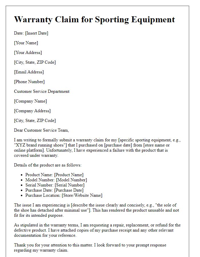 Letter template of warranty claim for sporting equipment failure.