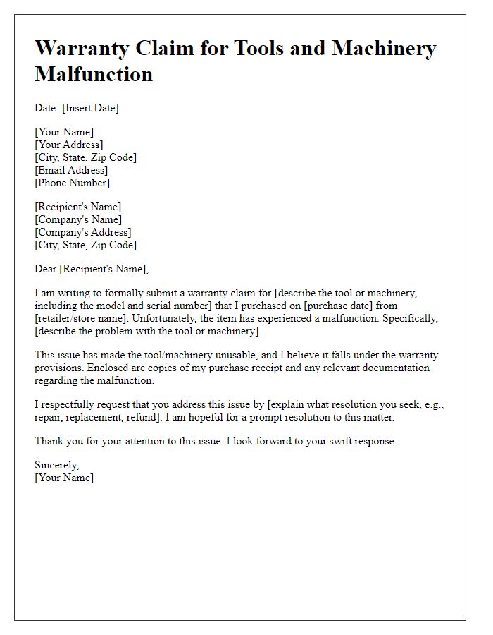 Letter template of warranty claim for tools and machinery malfunction.