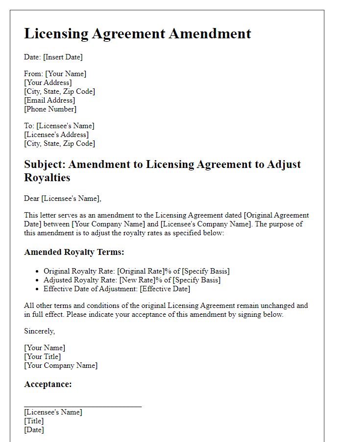 Letter template of Licensing Agreement Amendment to Adjust Royalties