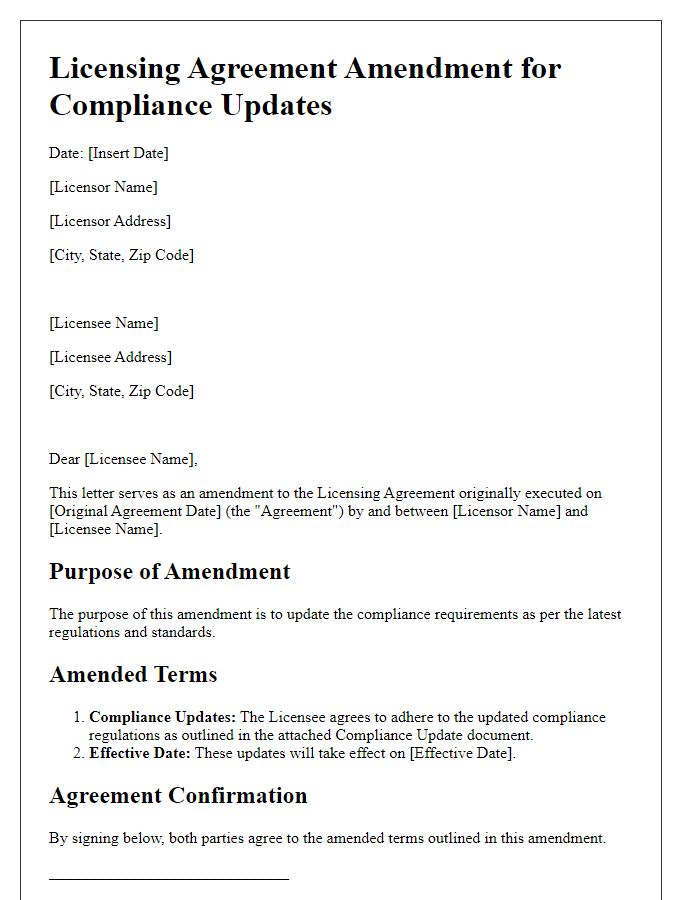 Letter template of Licensing Agreement Amendment for Compliance Updates