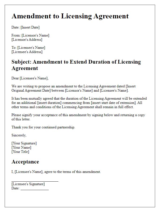 Letter template of Licensing Agreement Amendment for Duration Extension