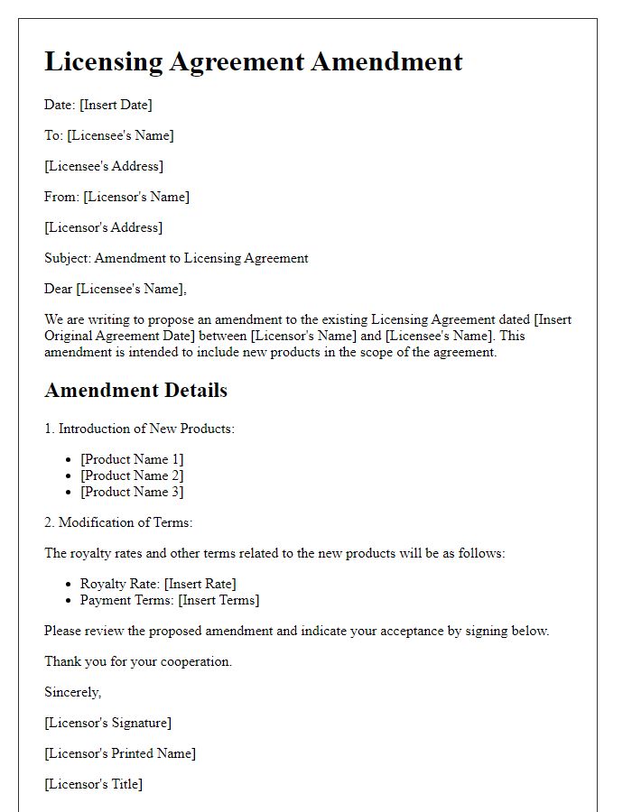 Letter template of Licensing Agreement Amendment to Include New Products