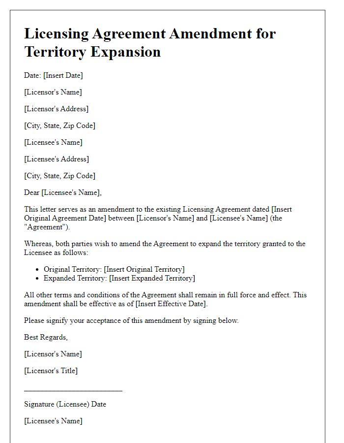 Letter template of Licensing Agreement Amendment for Territory Expansion