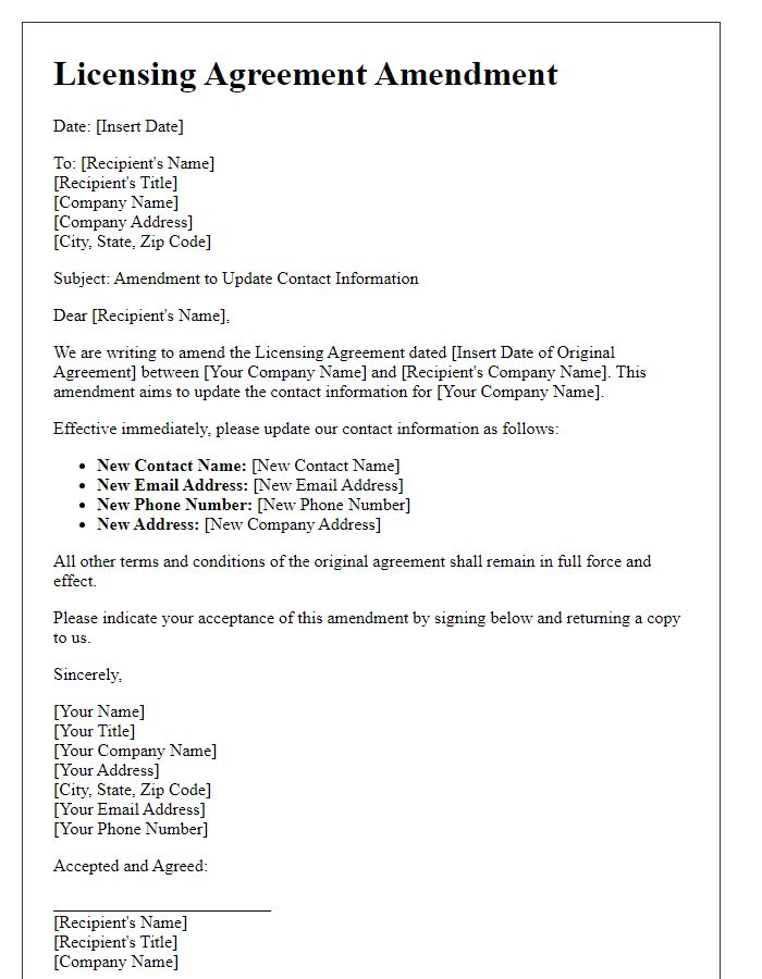 Letter template of Licensing Agreement Amendment to Update Contact Information