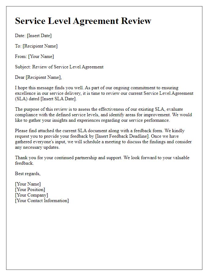 Letter template of Service Level Agreement Review