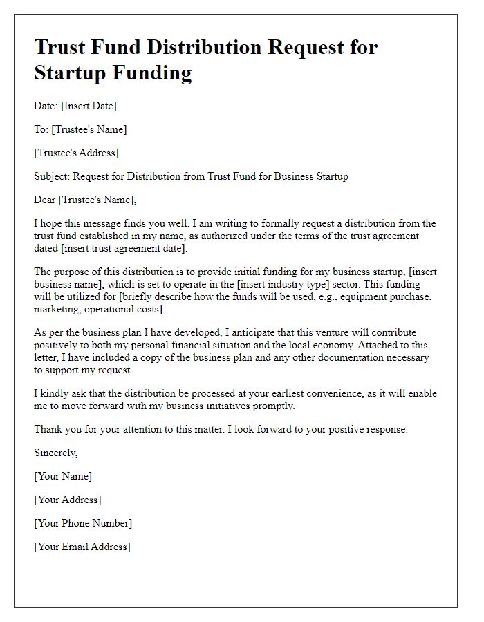 Letter template of trust fund distribution request for business startup funding