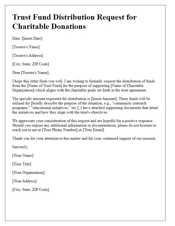 Letter template of trust fund distribution request for charitable donations