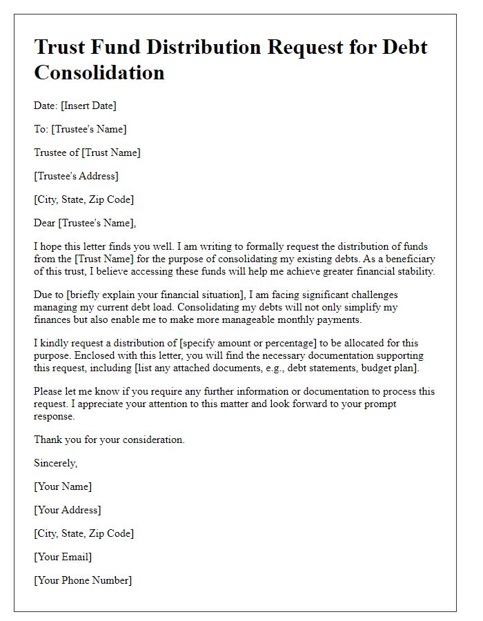 Letter template of trust fund distribution request for debt consolidation