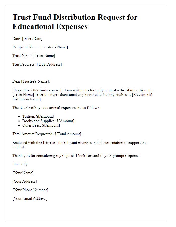 Letter template of trust fund distribution request for educational expenses