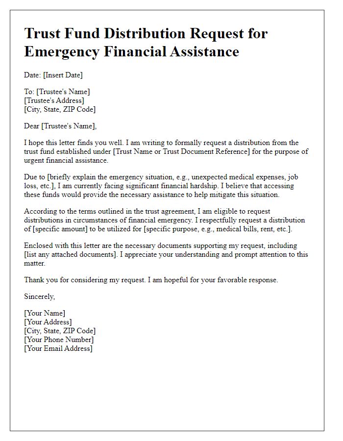 Letter template of trust fund distribution request for emergency financial assistance