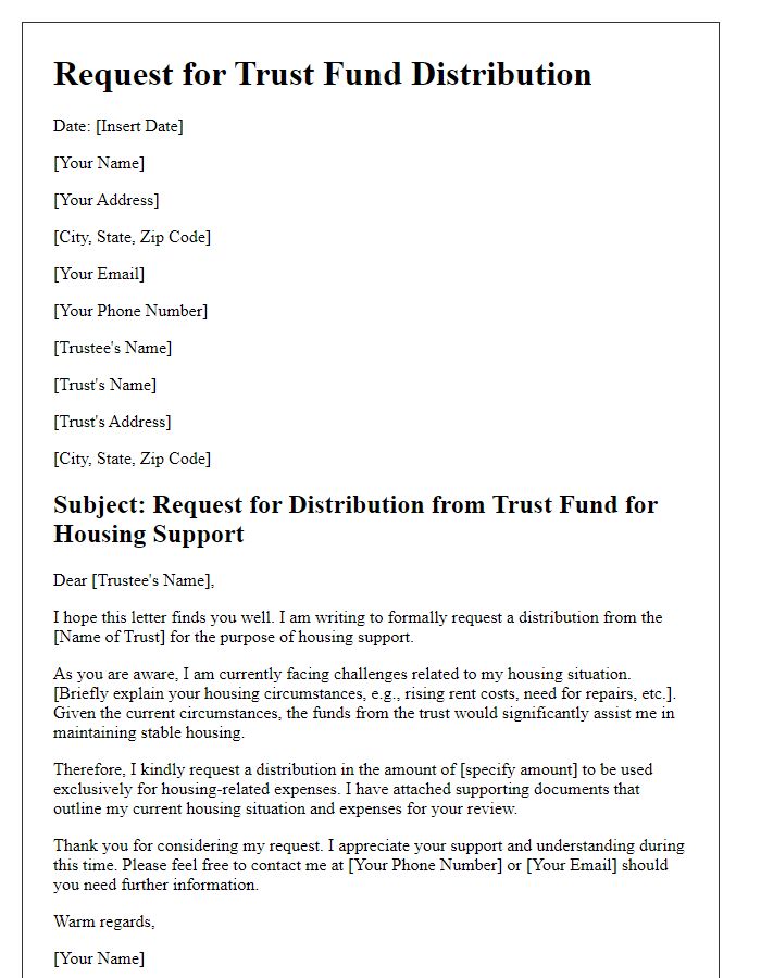 Letter template of trust fund distribution request for housing support