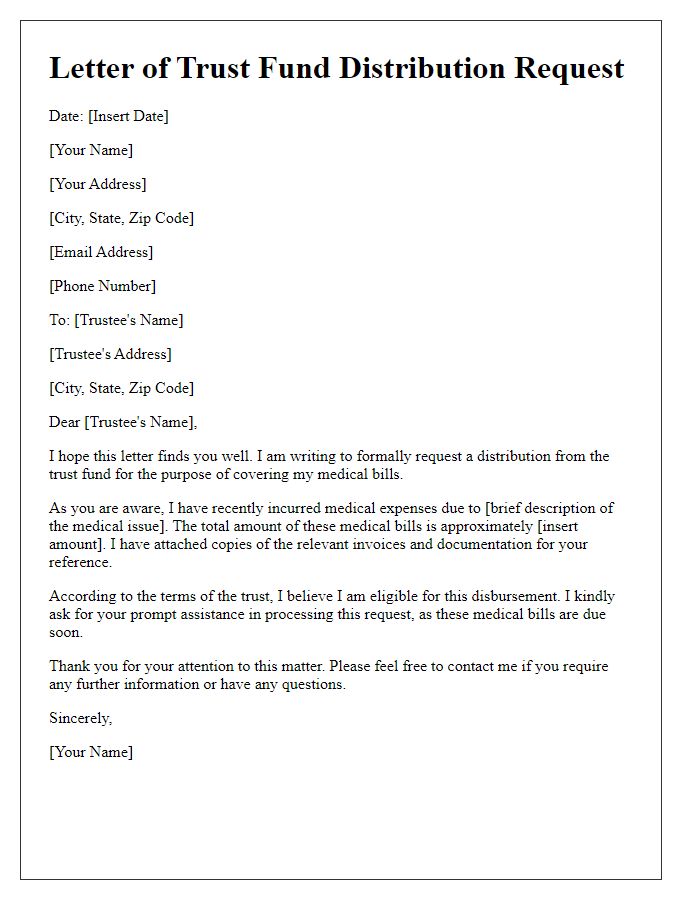 Letter template of trust fund distribution request for medical bills