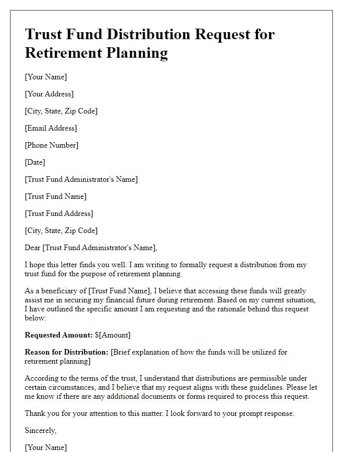 Letter template of trust fund distribution request for retirement planning