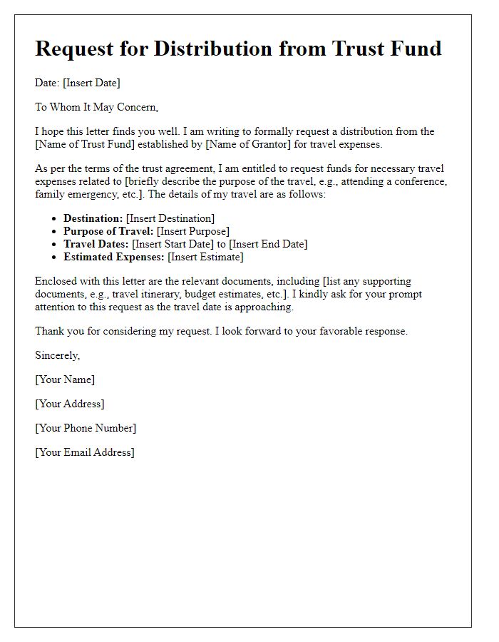 Letter template of trust fund distribution request for travel expenses