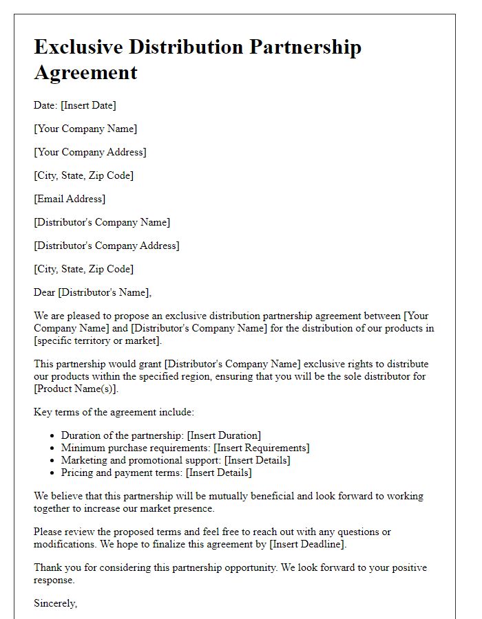 Letter template of exclusive distribution partnership agreement