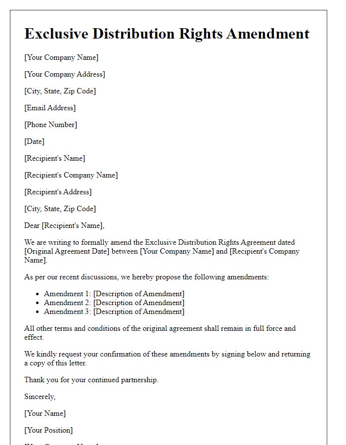 Letter template of exclusive distribution rights amendment