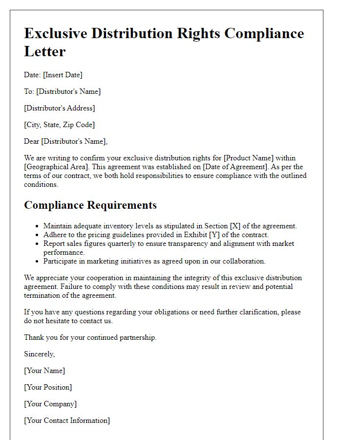 Letter template of exclusive distribution rights compliance