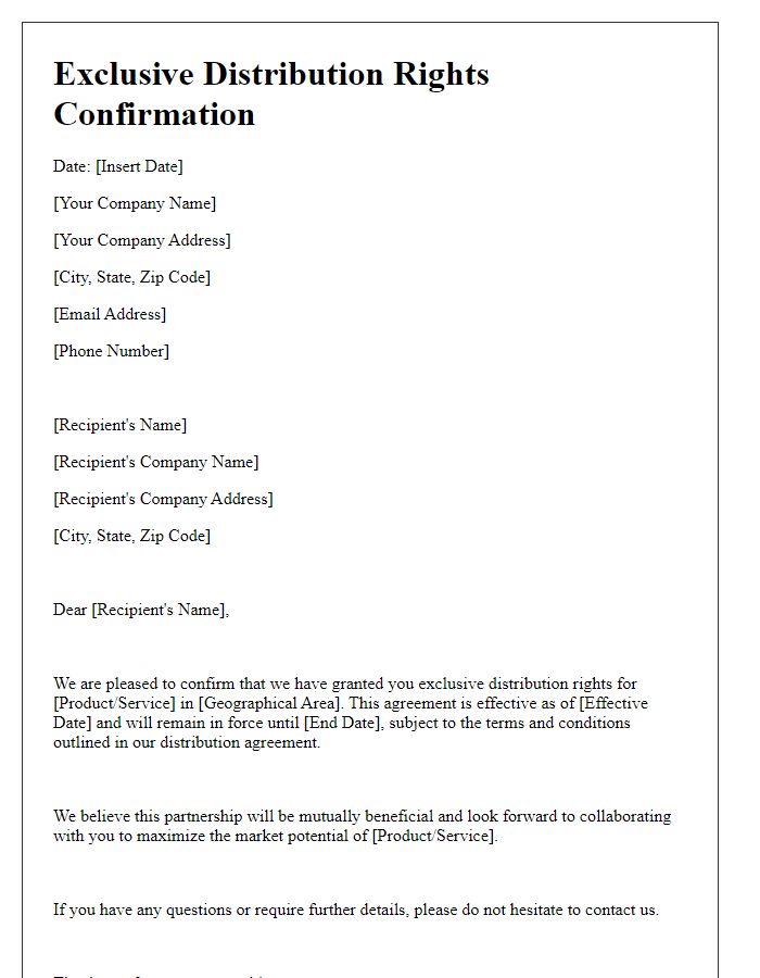 Letter template of exclusive distribution rights confirmation