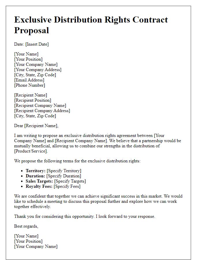 Letter template of exclusive distribution rights contract proposal