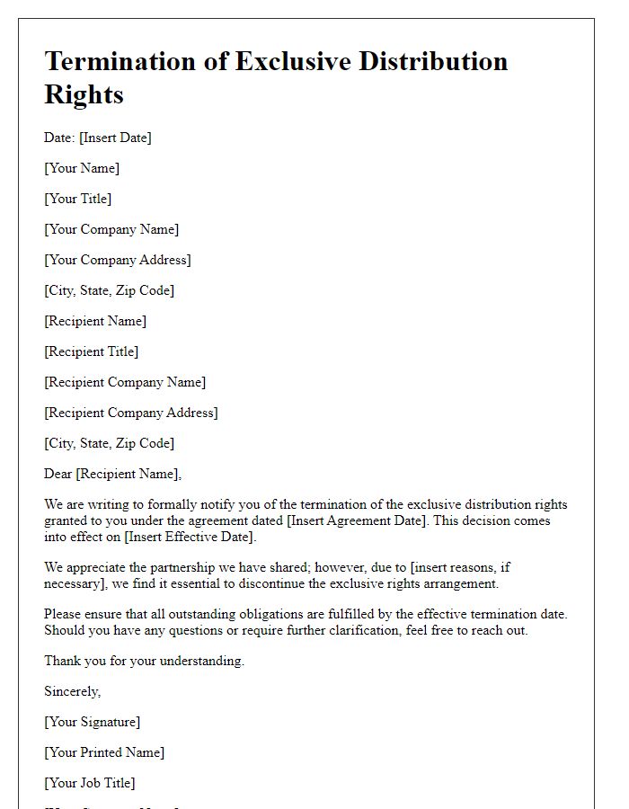 Letter template of exclusive distribution rights termination