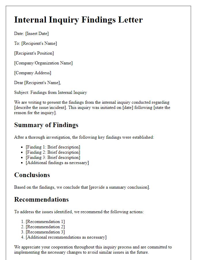 Letter template of Findings from Internal Inquiry