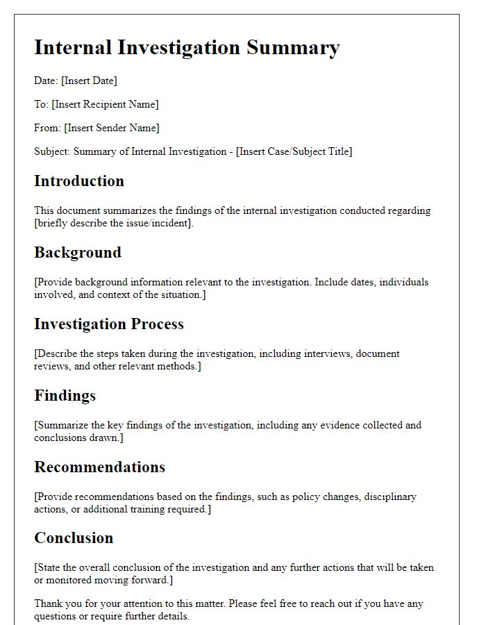 Letter template of Internal Investigation Summary