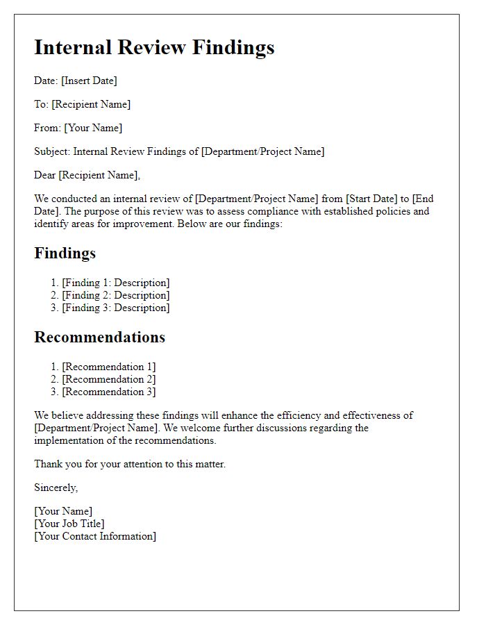 Letter template of Internal Review Findings