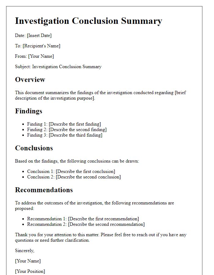 Letter template of Investigation Conclusion Summary