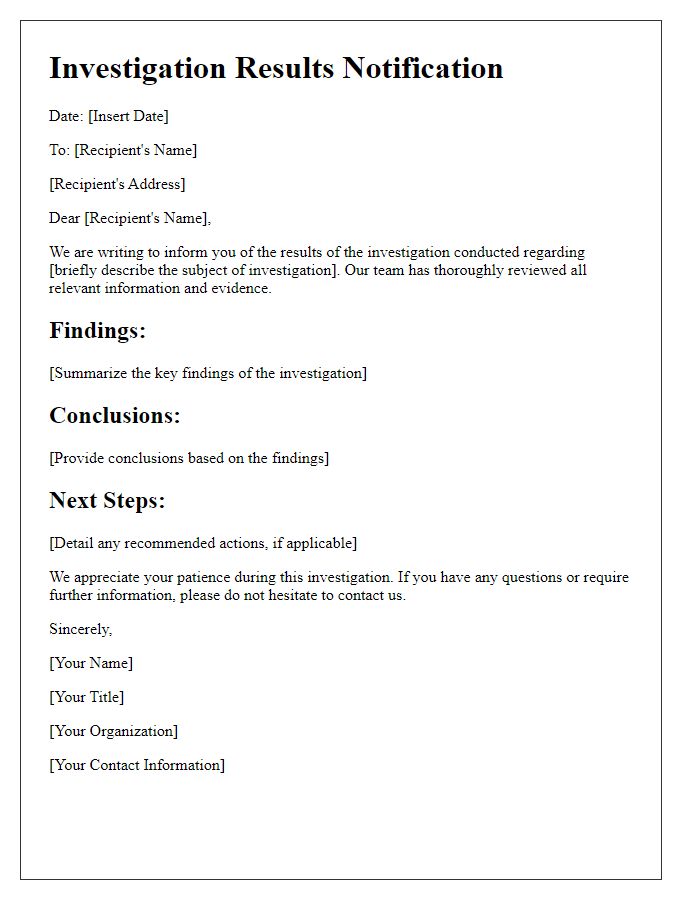 Letter template of Investigation Results Notification