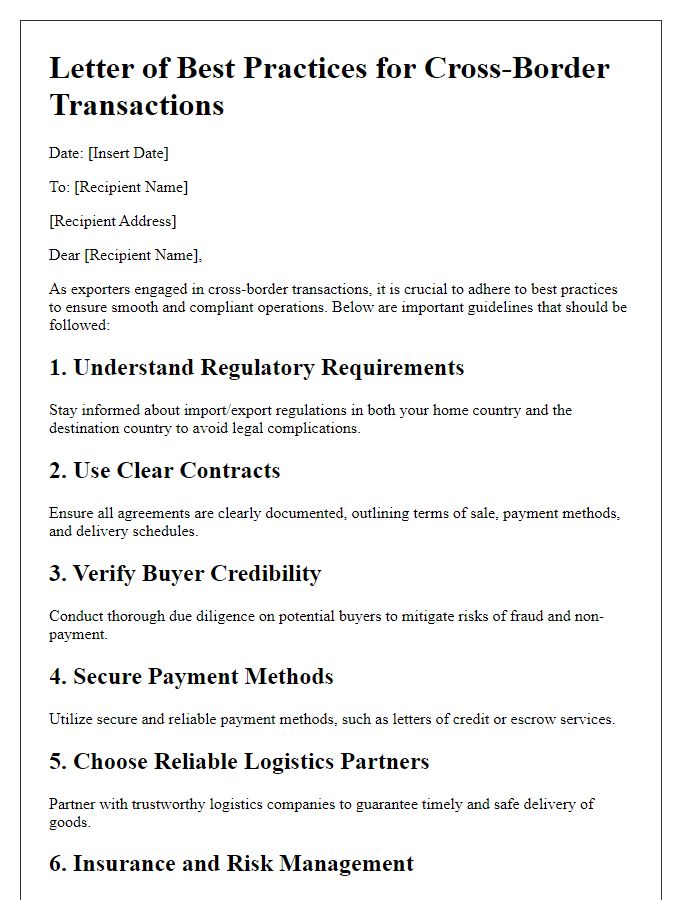 Letter template of cross-border transaction best practices for exporters