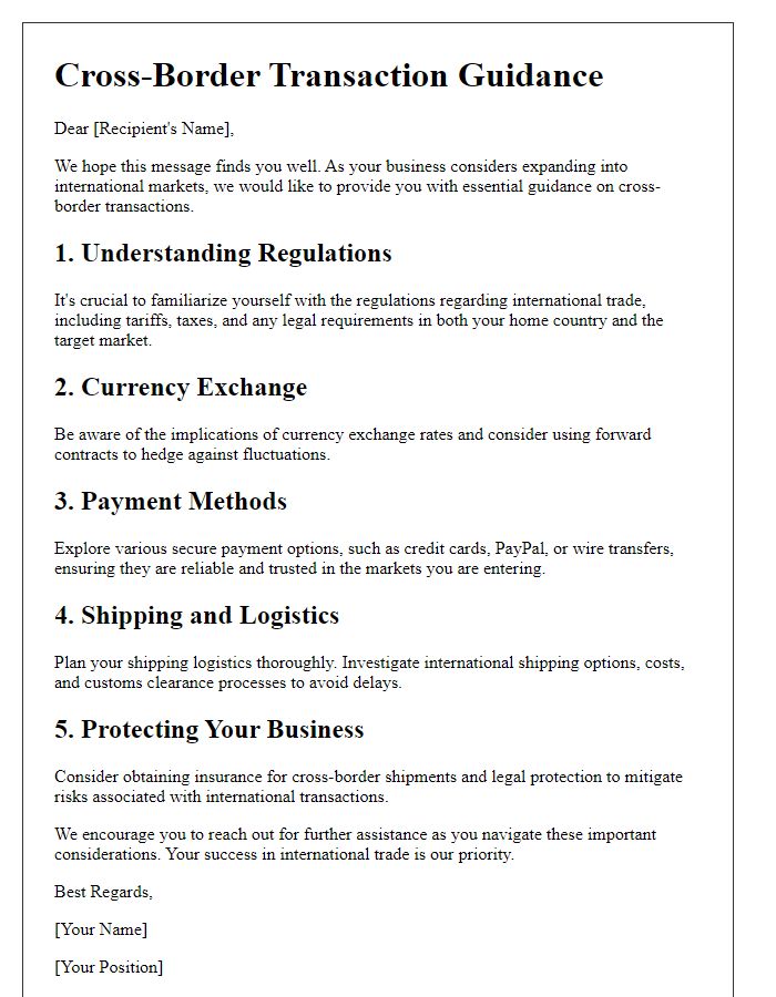 Letter template of cross-border transaction guidance for small businesses