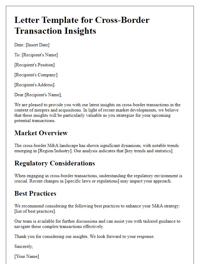 Letter template of cross-border transaction insights for mergers and acquisitions