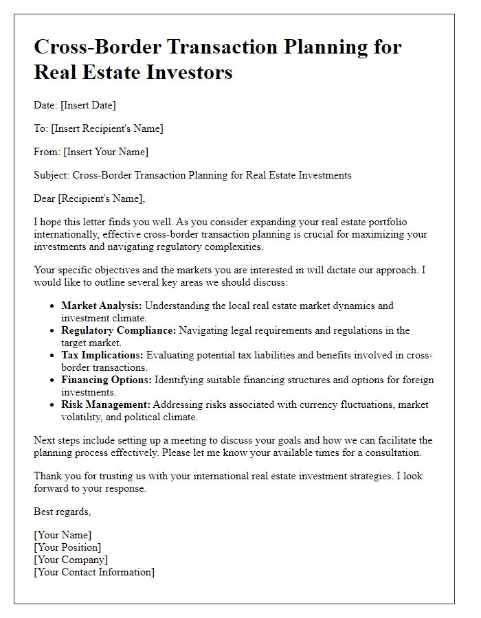 Letter template of cross-border transaction planning for real estate investors