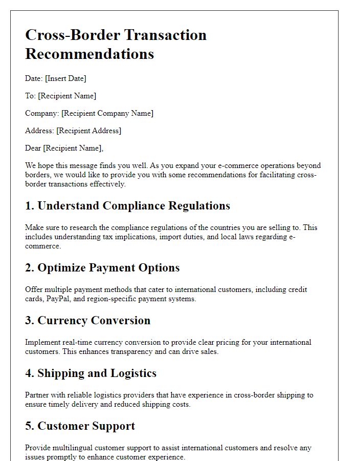 Letter template of cross-border transaction recommendations for e-commerce