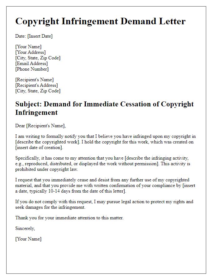 Letter template of copyright infringement demand