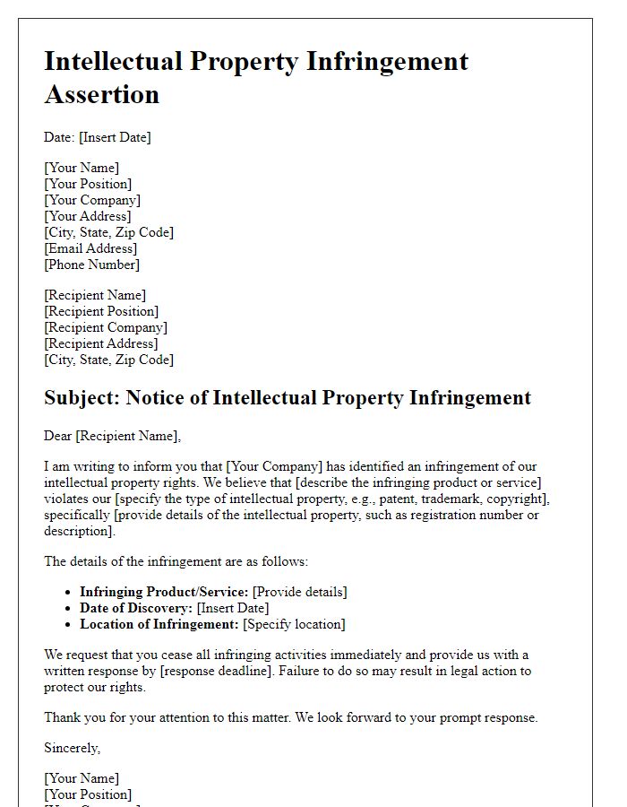 Letter template of intellectual property infringement assertion