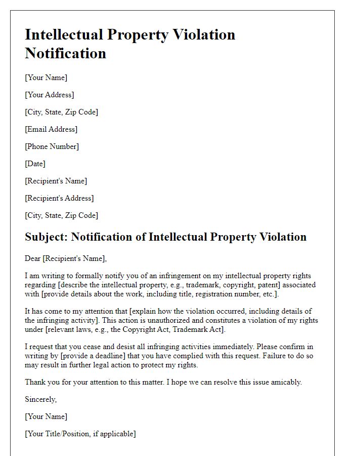 Letter template of intellectual property violation notification