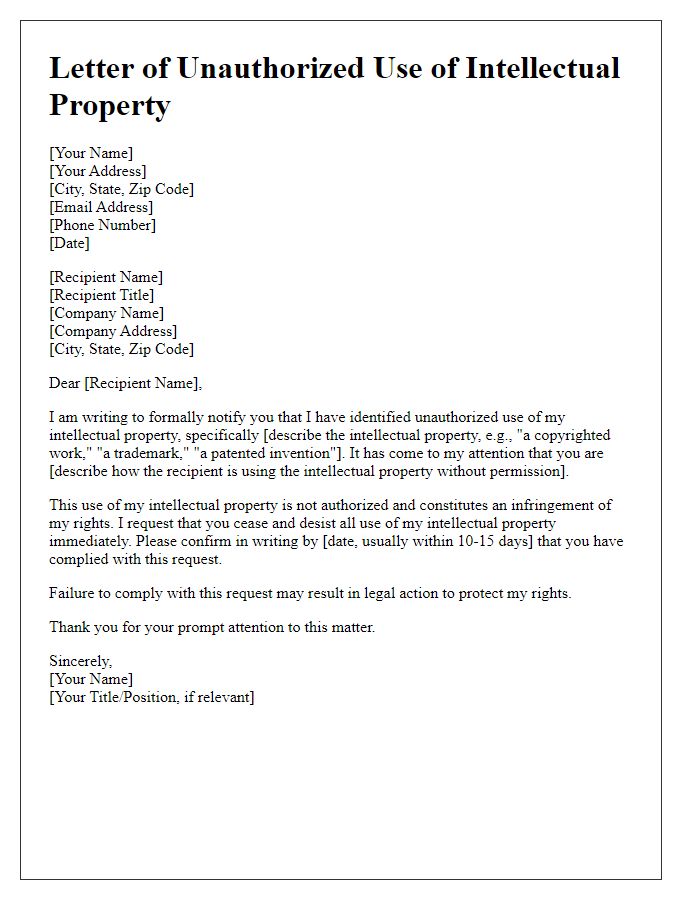 Letter template of unauthorized use of intellectual property